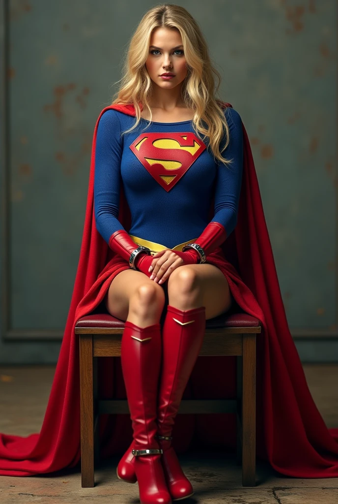 supergirl, full blue body suit, long blonde hair, red elbow gloves, red gauntlets, black tights, red boots, red skirt, gold belt, really long red cape, sitting on a wooden chair, looking straight, full image from head and legs, realistic, bdsm, bondage, bound, arms tied using hand cuffs