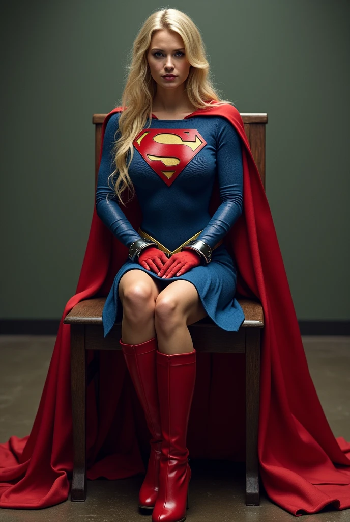 supergirl, full blue body suit, long blonde hair, red elbow gloves, red gauntlets, black tights, red boots, red skirt, gold belt, really long red cape, sitting on a wooden chair, looking straight, full image from head and legs, realistic, bdsm, bondage, bound, arms tied using hand cuffs