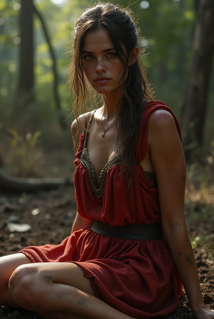 ((masterpiece, highest quality, Highest image quality, High resolution, Raw photo, 8K)), ((Extremely detailed CG unified 8k wallpaper)), full body, Posing for the camera, a stern look, in a ready stance, Blood, sweat and mud, shy, Female roman slave, with a revealing dress, sad looking around, shy, sitting on the ground