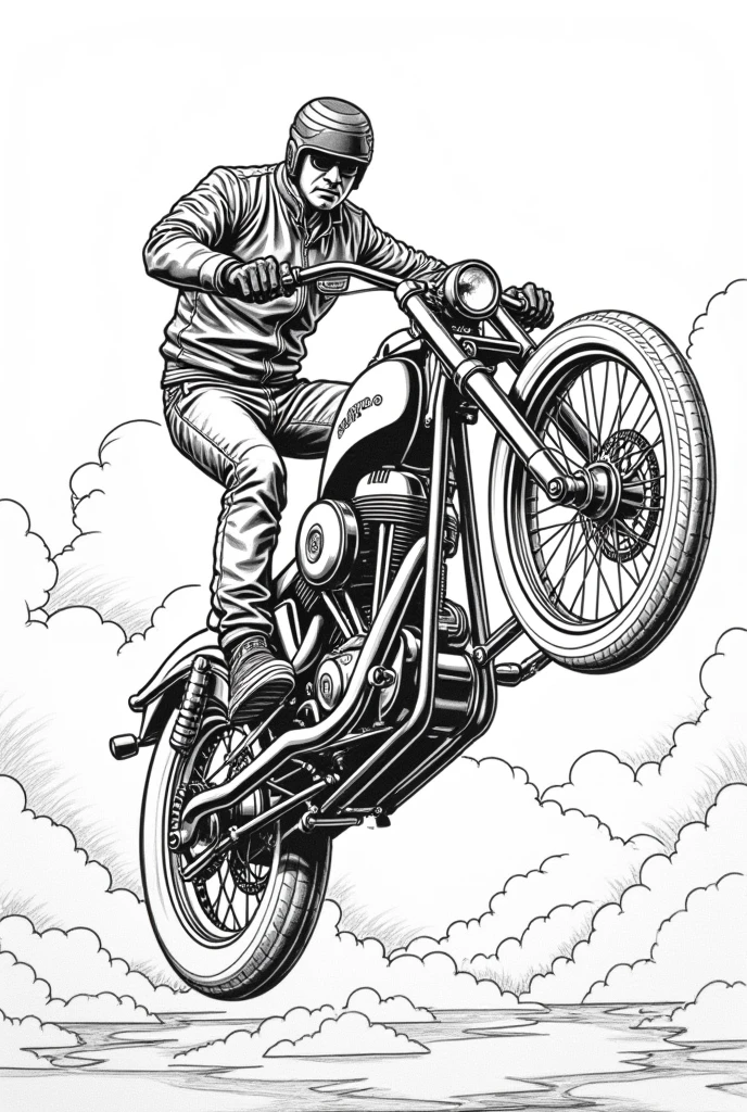 Biker coloring page,  riding a motorcycle and doing dangerous stunts