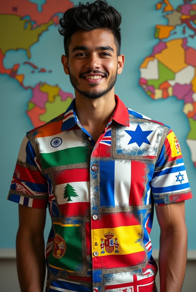 Create an image of a shirt with Indian flags, France, Italy, israel,Lebanon,Spain and England 