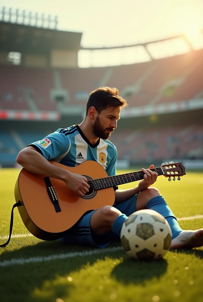 Messi is playing the guitar in a football ground with a beautiful football