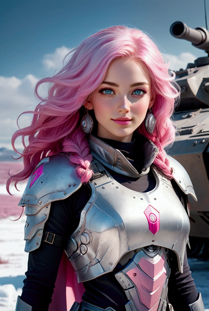 1 very attractive girl with long wavy bright pink hair, photo taken on Nikon D850, 16K, work of art, detailded, Breathtaking, atmospheric perspective, diffusion, natural skin texture, dslr, Lente 80mm Sigma f2, Depth of field, film grain, complex natural lighting, full body shot with icy blue and white lighting standing in an icy field, light gray and pink, in warrior clothes , energy-filled illustrations, extremely sexy, rosto e olhos detaildeds, focus on the tank and the girl, no-makeup, smiling, Altamente detailded, dark fantasy aura, faded colors. standing in front of a huge battle tank with tracked wheels and pink details. with a large illuminated sign saying "FMS"