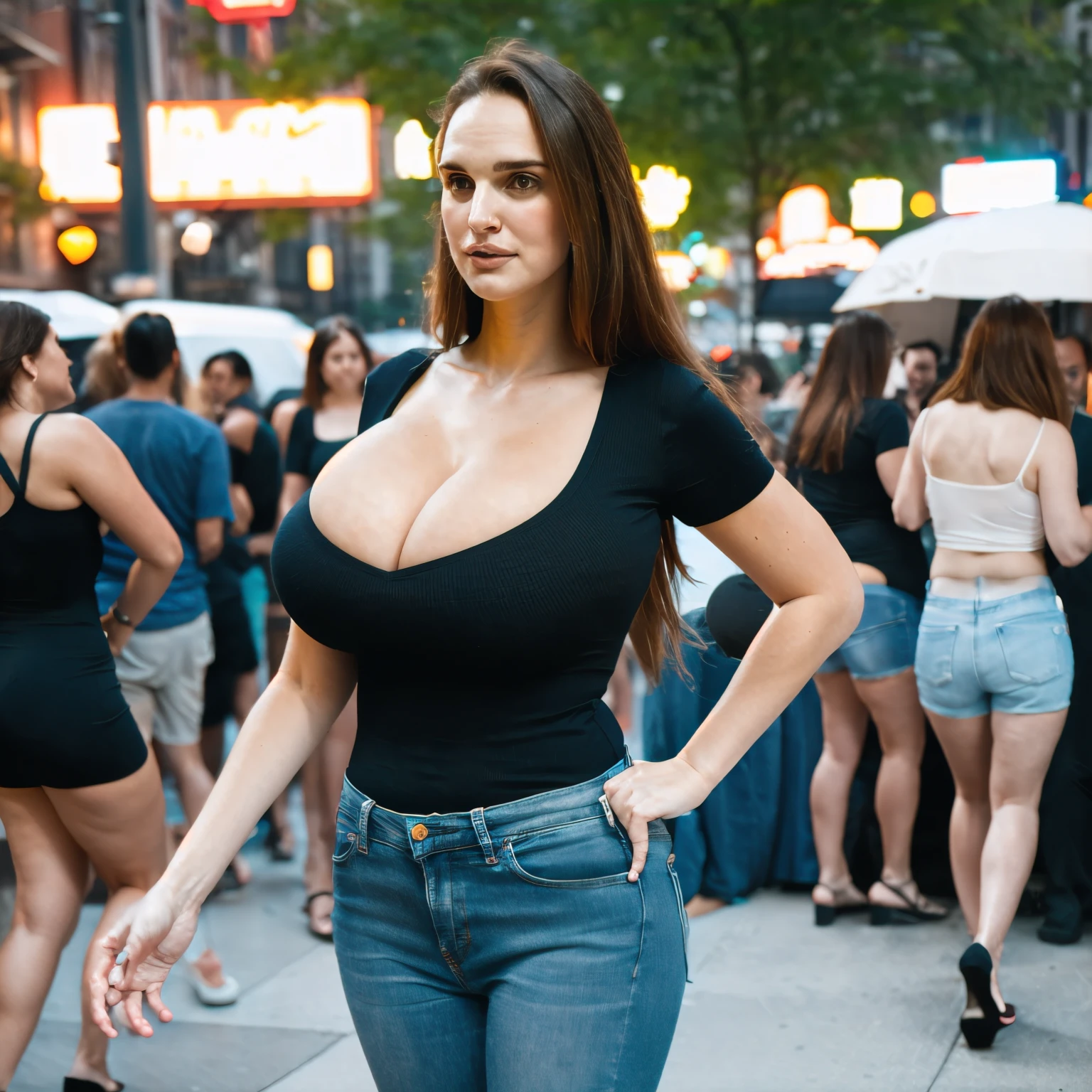 (wide angle), (angled view), (full body view), (evening), (young Natalie Portman aged 20), candid, (looking to the side), ((extremely tall college student)), ((long torso)), ((long legs)), walking through a trendy outdoor beer garden in New York City in a large crowd, fairie lights, dimly lit, ((slim)), ((arafed)), ((skinny)), weathered wooden tables, bright eyes, casual, cute, (nighttime), dark, symmetric eyes, tall beer glass, beers, busy, many diverse people, symmetric breasts, (plain white tucked-in short-sleeved scoop-neck blouse), ((stretched fabric)), (plain sneakers), (cleavage), ((skindentation)), plain jeans, (long full very wavy dark auburn hair), ((bangs)), ((very long hair)), ((jumbo huge colossal gigantic breasts)), bursting breasts