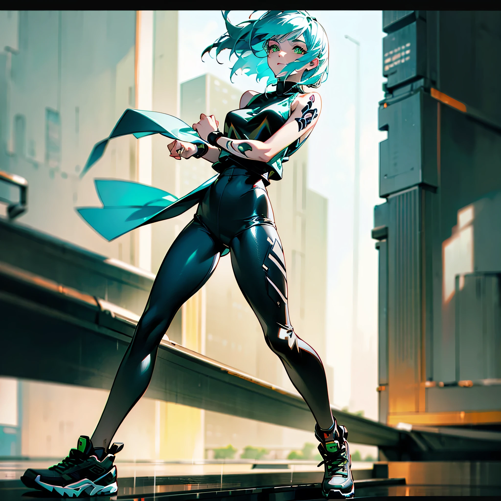 A lone dragon girl with short white hair.her hair flowing in the wind and her hair is shining like starry sky.a serene yet melancholy expression on her beautiful detailed green eyes gazing upwards.wearing a tight black pants, white sleeveless shirt, and practical shoes.full body tattoos.(best quality,4k,8k,highres,masterpiece:1.2),ultra-detailed,(realistic,photorealistic,photo-realistic:1.37).anime style.rain.cyberpunk.lady.she is running through the wall of a high-rise building