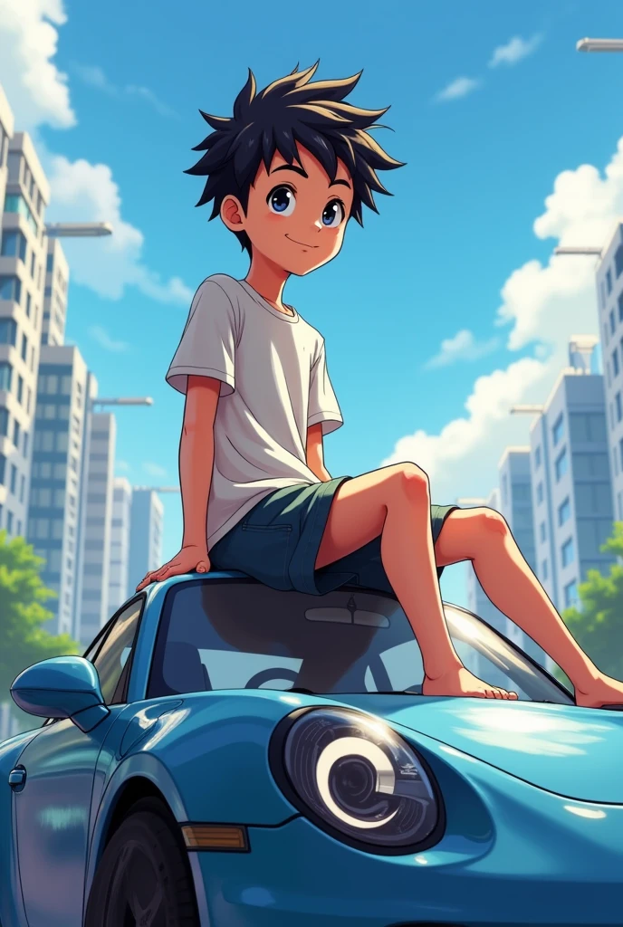 Boy anime sitting on the car