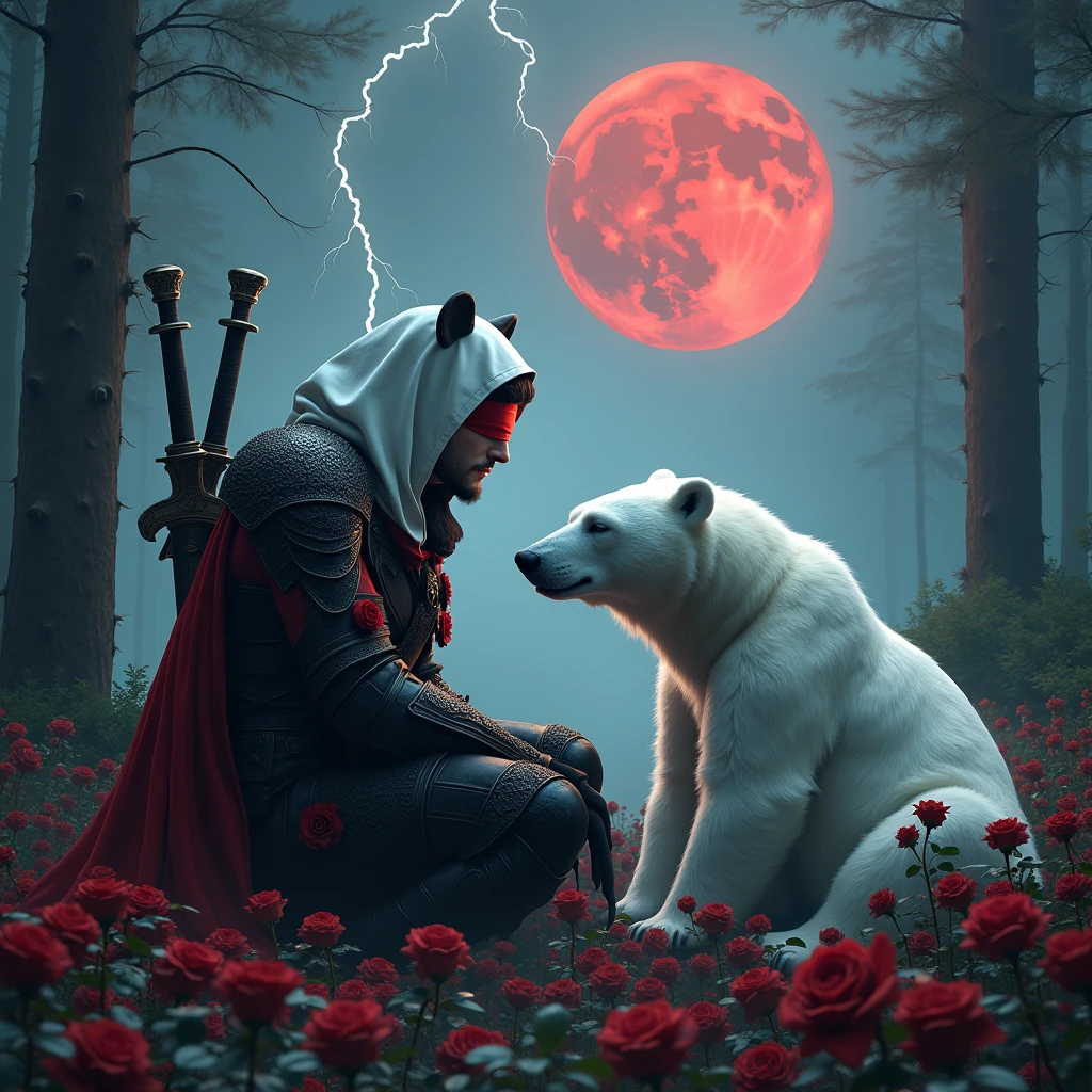 Male knight with a white hood with bear ears with sword behind his back sits towards a polar bear in a forest while the moon shines, many Roses cover the ground and lightning falls from the sky. The polar bear sleeps in front of the knight. Only the man wears a red blindfold. In the background of the picture is the blood moon. The forest is full of trees with leaves. The armor of the man is black and red roses decorate it. The knight smells on a rose.
