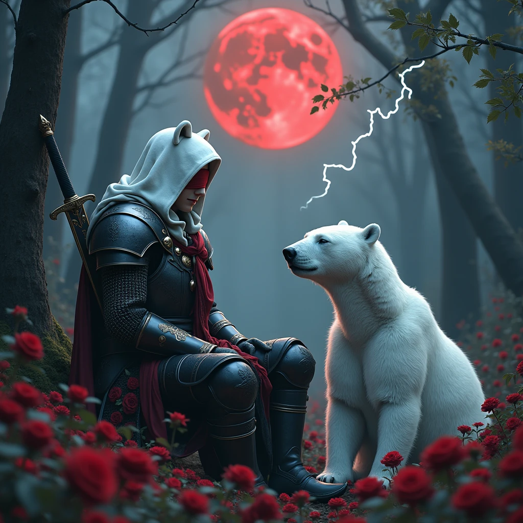 Male knight with a white hood with bear ears with sword behind his back sits towards a polar bear in a forest while the moon shines, many Roses cover the ground and lightning falls from the sky. The polar bear sleeps in front of the knight. Only the man wears a red blindfold. In the background of the picture is the blood moon. The forest is full of trees with leaves. The armor of the man is black and red roses decorate it. The knight smells on a rose.