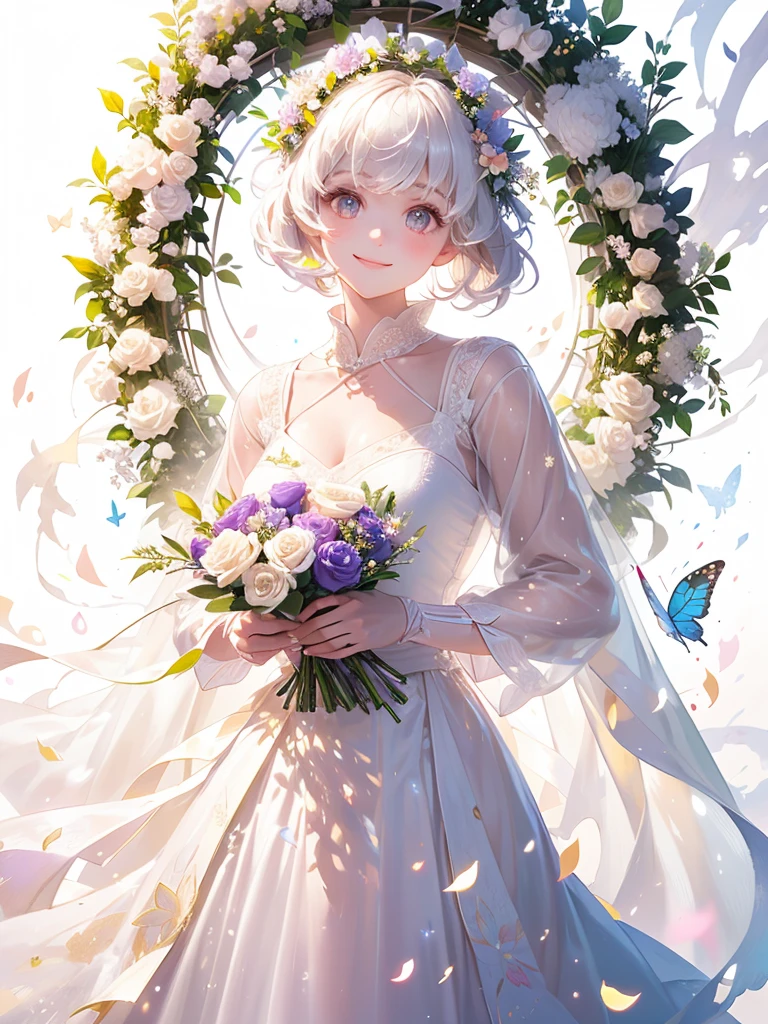 (masterpiece、Highest quality、Highest quality、Beautiful and beautiful:1.2)、(Excellent anatomy:1.5)、Milky white straight hair girl、Butterfly Fairy、Floral Costume、A radiant smile、Sparkling eyes、Looking into the camera、Flowers and leaves on the head、Holding a bouquet、Rose Garden