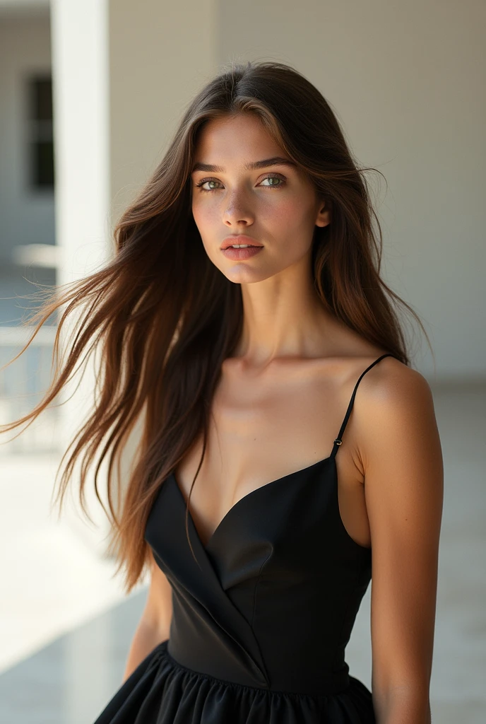 beautiful girl with long hair in a chic dress