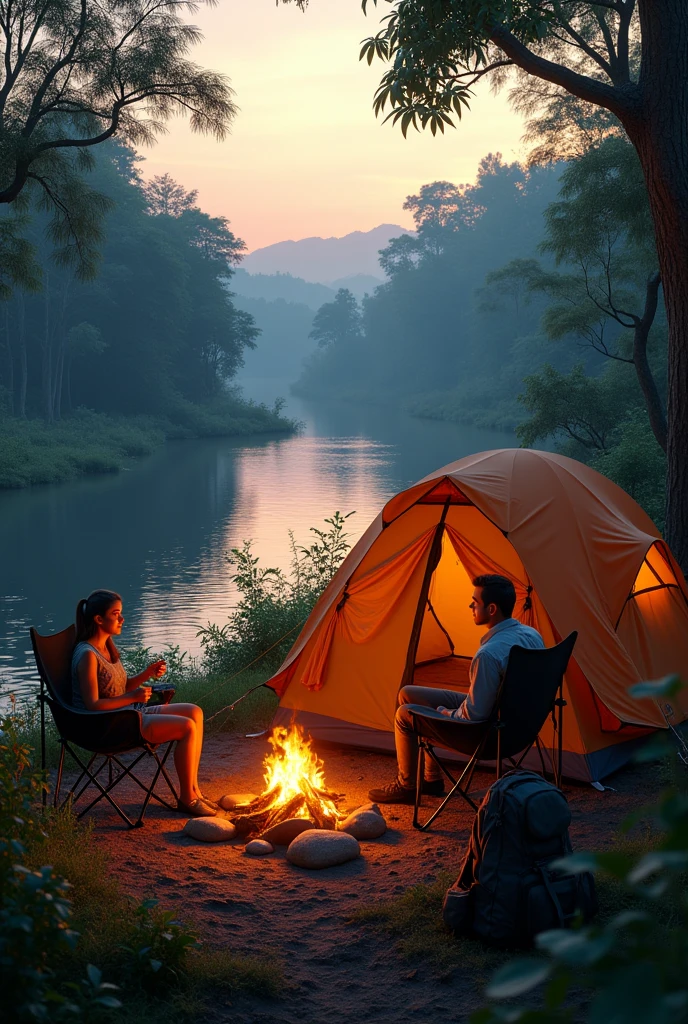 Photorealism 1.4 realistic realism high detailed definition campsite jungle at river Bank facing big river man sitting on the chair dusk mode campfire tent view from the air bagpack beside big tent women cooking view from above one person taking a picture