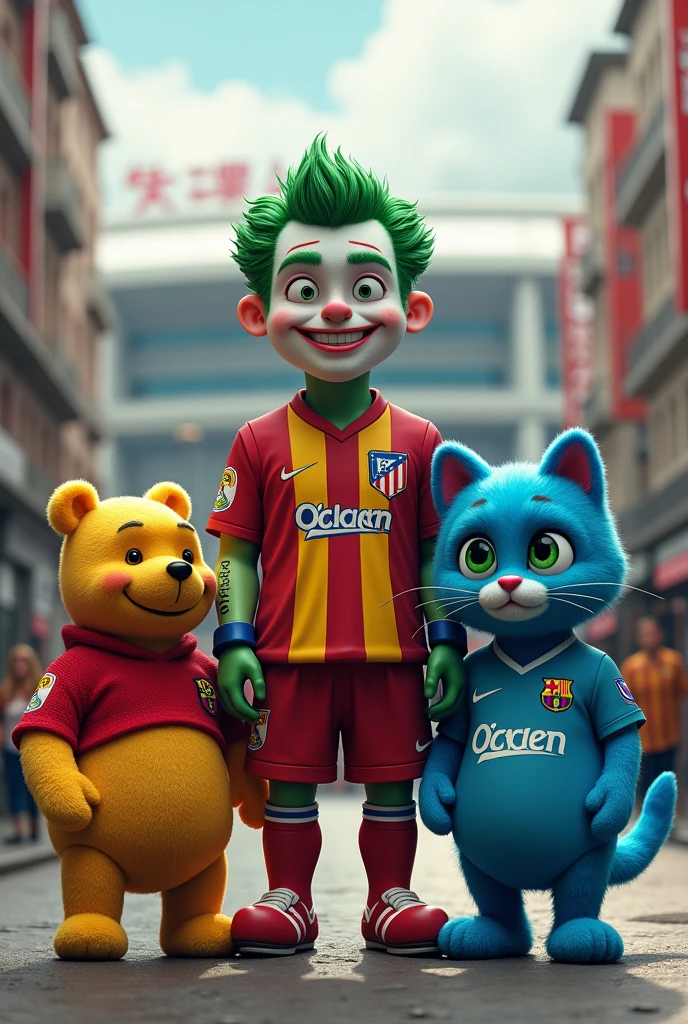 Make the joker in the Atletico de Madrid stadium with the Atletico de Madrid shirt and have him with Winnie the Pooh with the Barcelona shirt and there is a blue cat that looks like Gumball from the Gumball World series with the Real Madrid shirt and everyone is on the street.