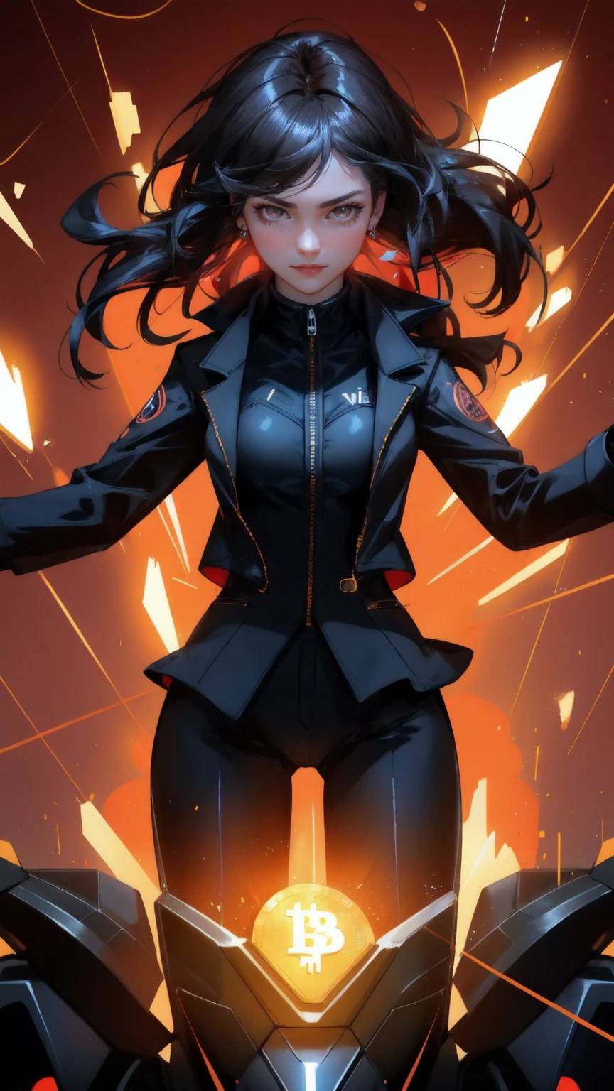 Create an image of an exuberant young woman in a sharp black suit, bursting with excitement as she rides a massive, glowing Bitcoin coin. Her suit is tailored and stylish, with the jacket slightly open to convey a sense of action and dynamism. Her expression is one of thrill and victory, capturing the essence of triumph in the volatile world of cryptocurrency. The background is a deep red, filled with crypto-related graphics such as fluctuating financial charts and digital elements, highlighting the high-stakes environment. Sparks and smaller coins are scattered around her, adding to the dramatic, high-energy atmosphere. This setting represents the fierce engagement and enthusiasm in the digital currency market.