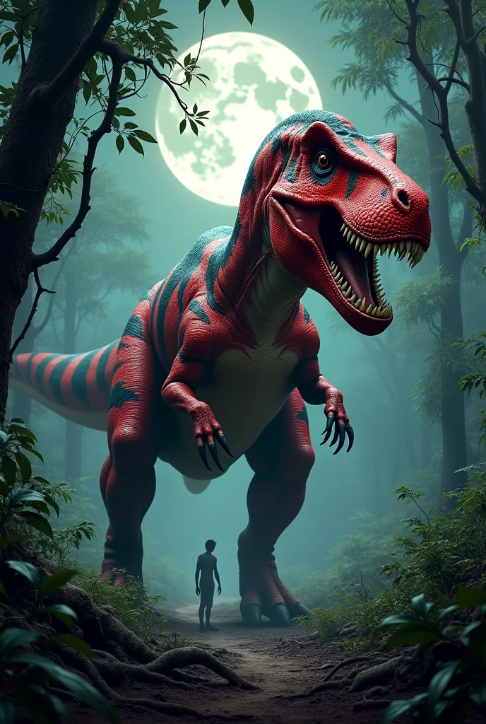 Red Tyrannosaurus Rex with black stripes in the African forest at night in front of a man