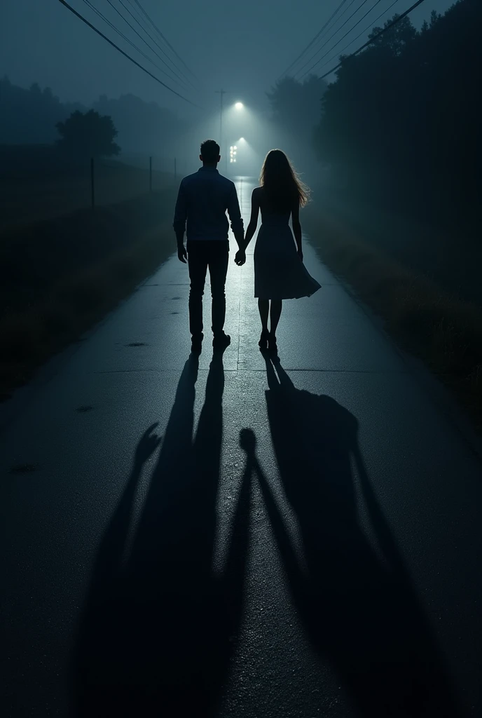 Create a realistic shadow image of a couple holding hand and standing on a road in dark night 