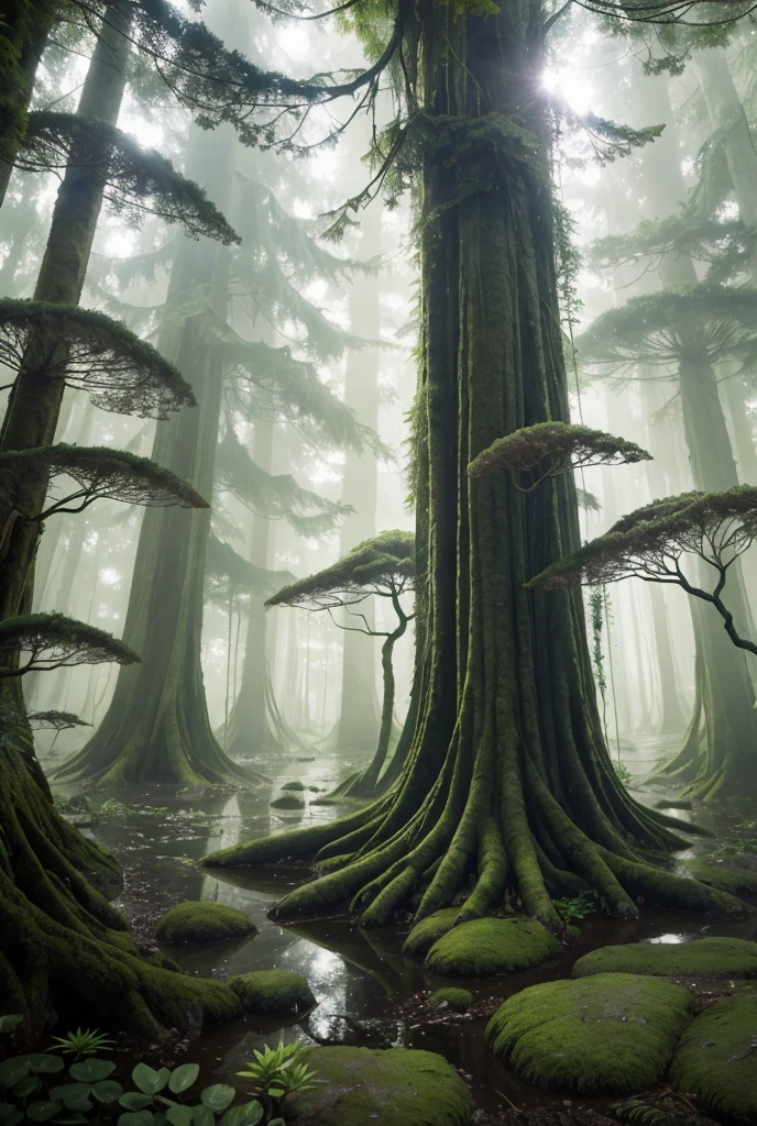 Lothlórien, Fantasy Magical Plants, Ancient forest, Wayne Barlow Pierre Pellegrini, a fantasy forest, fantasy forest, soft light misty yoshitaka amano, studio ghibli environment, beautiful Ancient forest, forest under the outside world, Deep Jungle of Another World, mystical forest lagoon,High detail, Ultra high definition,