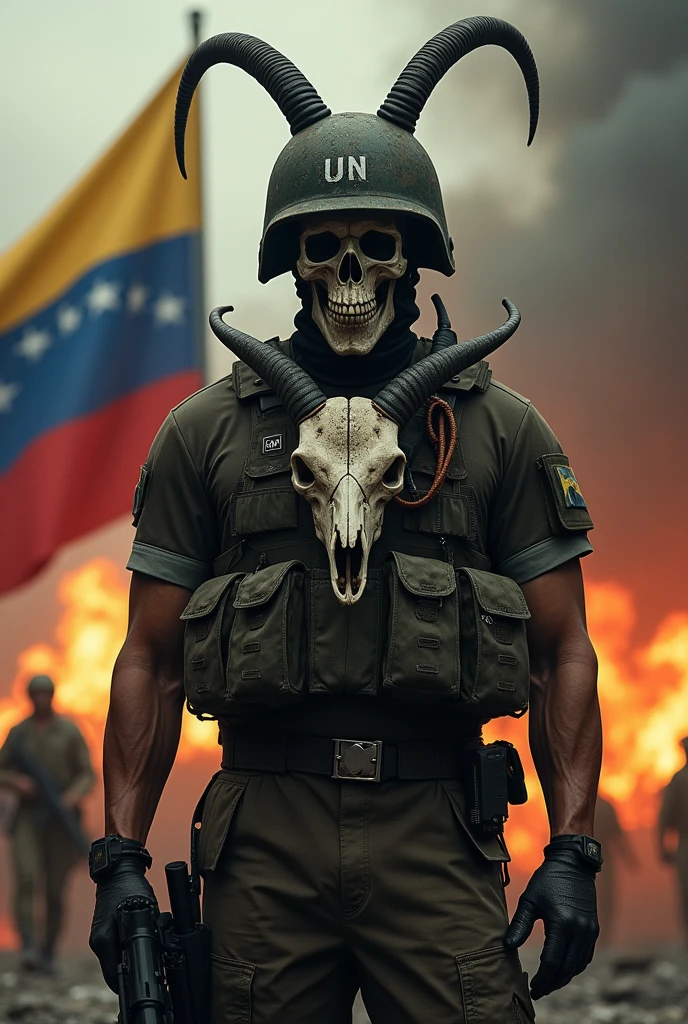 Brazilian soldier with skull mask wearing UN helmet and with a goat skull on his chest who is in the Venezuelan war with the Venezuelan flag on fire in the capital of Caracas.