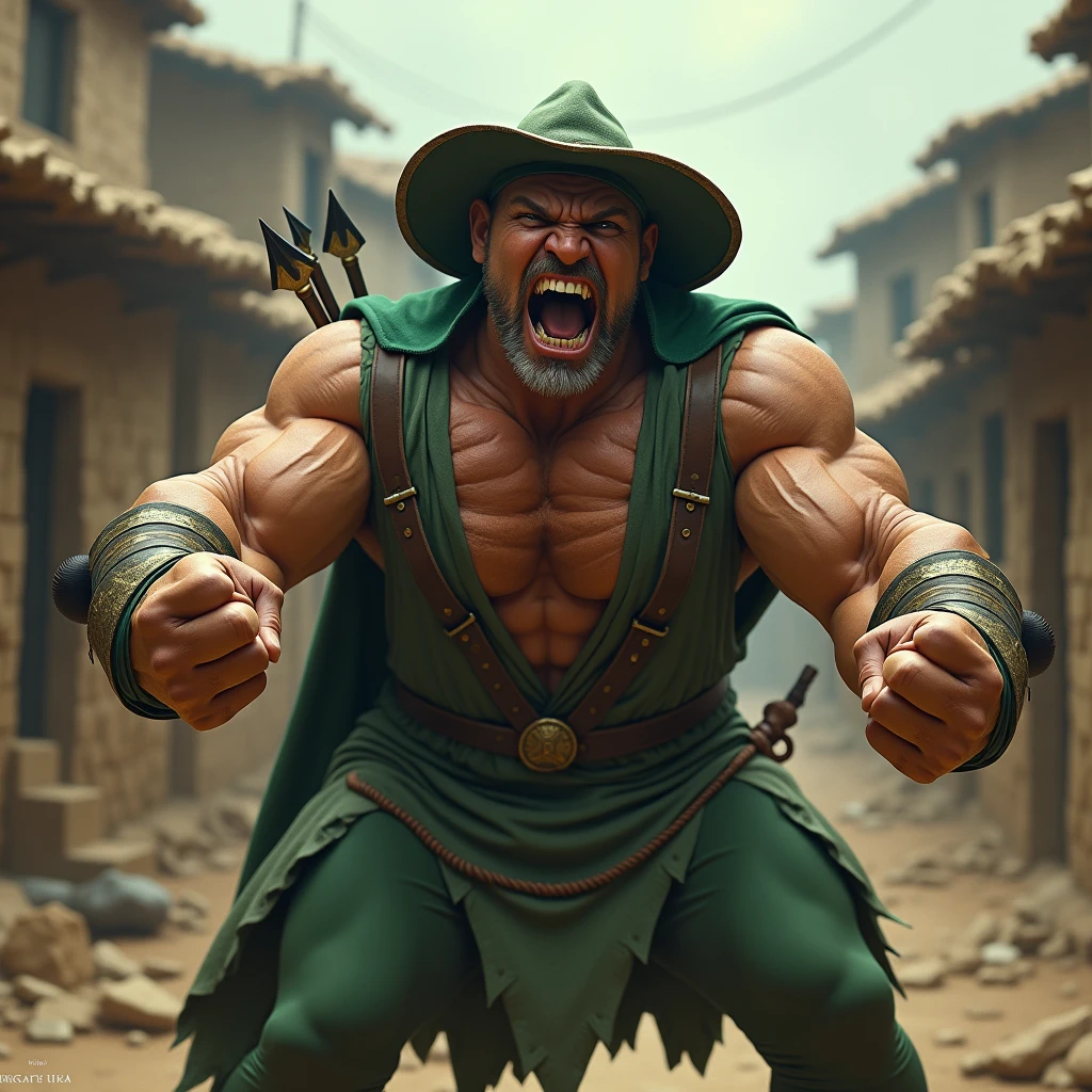 a very strong bodybuilder man, robin hood dress, with the green clothes and green hat characteristic of Robin Hood, muscular, tan muscular que se ven las venas de su cuello, He has both of his fists extended forward as if he wanted to hit someone, shouting with fury and anger and rage, with open mouth. in the background a village with poor medieval houses. The pose is an exaggerated comic or superhero type pose.. Close up of the expression of anger on his face
