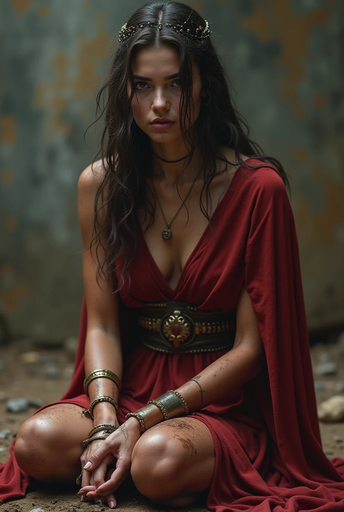 ((masterpiece, highest quality, Highest image quality, High resolution, Raw photo, 8K)), ((Extremely detailed CG unified 8k wallpaper)), full body, Posing for the camera, a stern look, in a ready stance, Blood, sweat and mud, shy, Female roman slave, with a revealing dress, sad looking around, shy, sitting on the ground