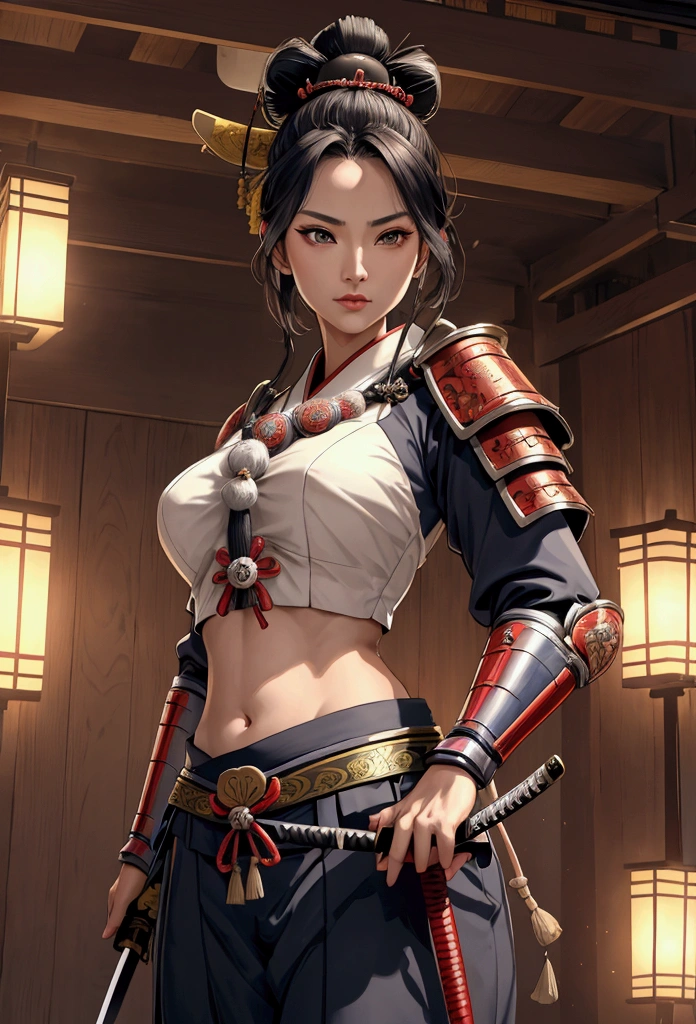 a beautiful samurai woman,45 years-old,crop top showing navel,expose belly,holding a Japanese katana sword,wearing a traditional Japanese samurai hat,detailed facial features,intricate armor,ancient Japanese architecture background,cinematic lighting,highly detailed,photorealistic,8k,dramatic pose,vibrant colors,strong chiaroscuro,mystical atmosphere