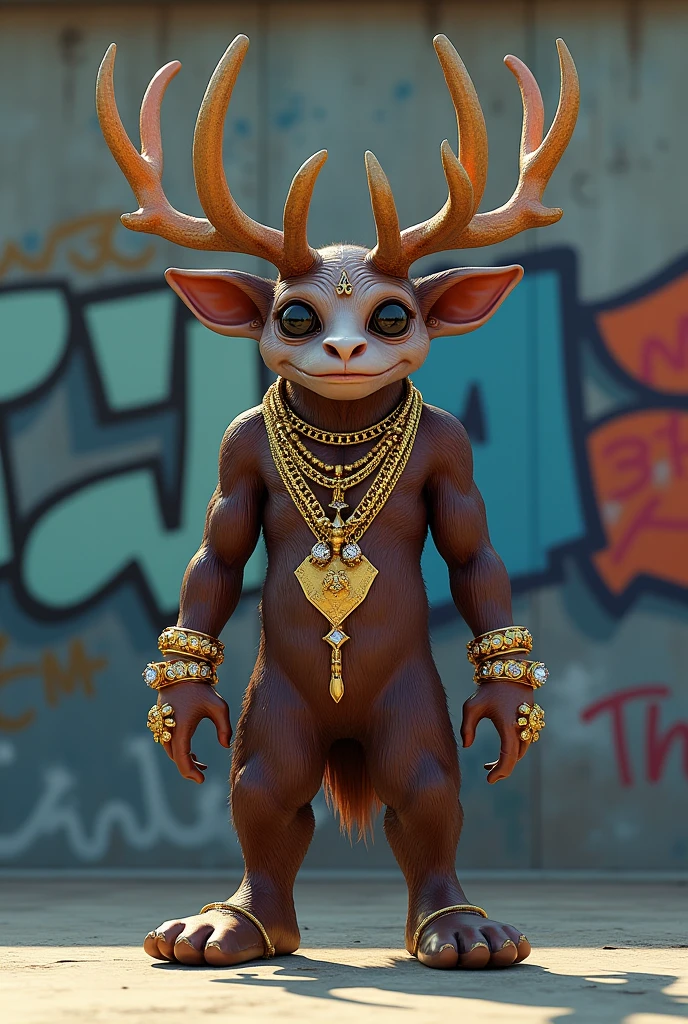 A unique, anthropomorphic figure, whit agressive buck face, whit four ears and 4 eyes, two big spike buck horns on is head, a streetwear hoodie style, whit GB in Gothic letters. The figure is adorned with gold chains in is neck,and diamond rings in the finguers, and a pair of nike sneakers. It stands in front of a graffiti-covered wall, with various symbols and words painted.The ground appears to be a concrete skatepark ground