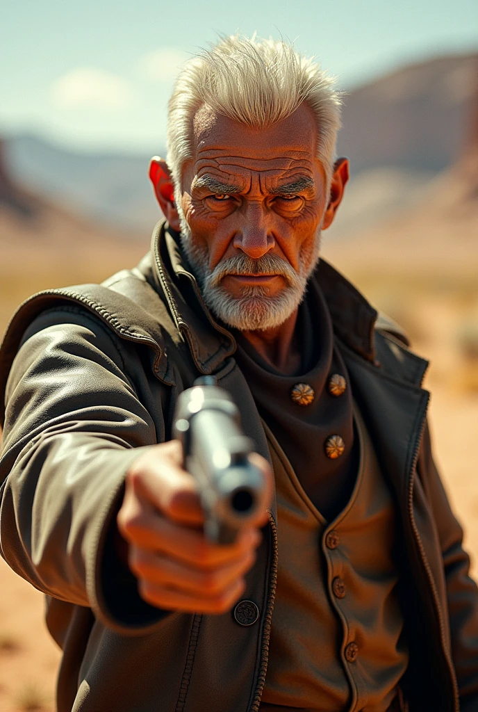 Cowboy man, white hair and red eyes, holding a gun