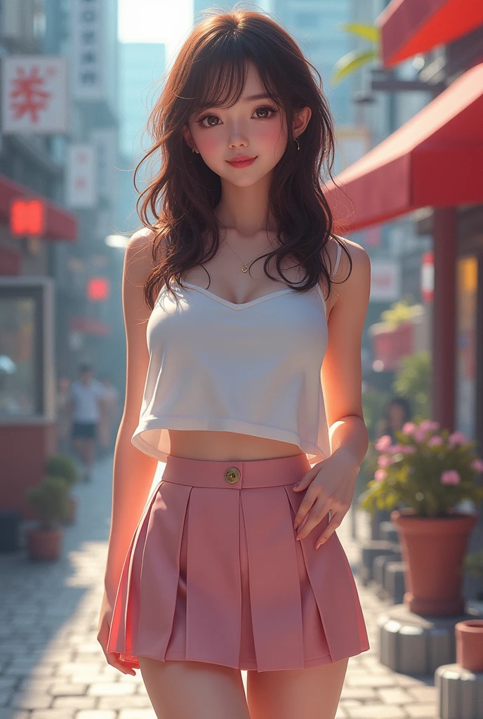 a cute girl in a short skirt, big breasts, white sleeveless, slim, pretty feet, 20th generation, smiling, urban landscape, idol style, korean style, (best quality,4k,8k,highres,masterpiece:1.2),ultra-detailed,(realistic,photorealistic,photo-realistic:1.37),beautiful detailed eyes,beautiful detailed lips,extremely detailed eyes and face,longeyelashes,digital painting,elegant,vibrant colors,dramatic lighting