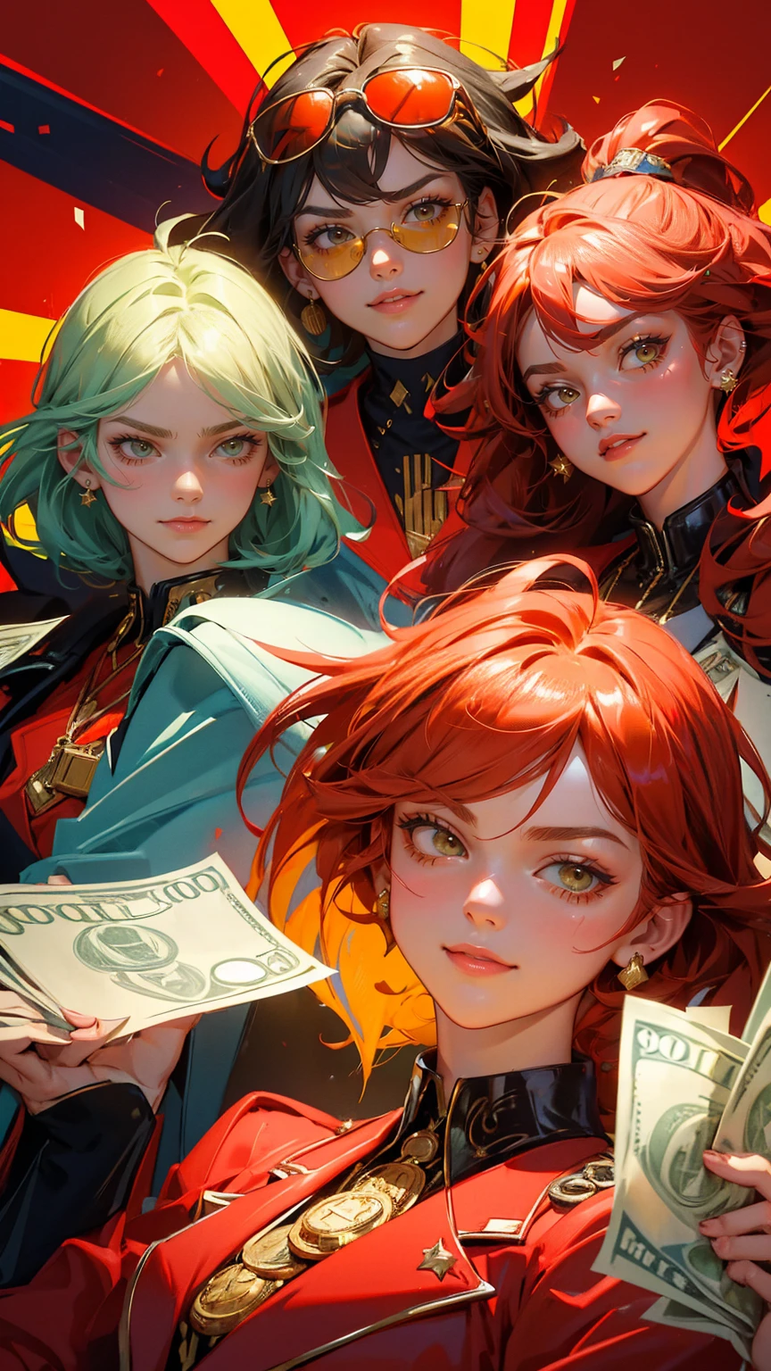 A background filled with scattered dollar bills, creating a sense of wealth and chaos. In the foreground, multiple beautiful, cute girls are dressed in bright red suits, each with stylish sunglasses. The girls have different hairstyles and confident expressions, exuding a cool and sly demeanor. They are all smiling slightly with their hands near their faces in a thoughtful pose, mimicking a gesture of confidence and success. The suits are adorned with badges and coins, emphasizing the theme of money and power. The entire scene has a pop-art style with bold outlines, saturated colors, and a sense of dynamic energy. The background is filled with yellow hues from the dollar bills to contrast the red of the suits, creating a striking visual.