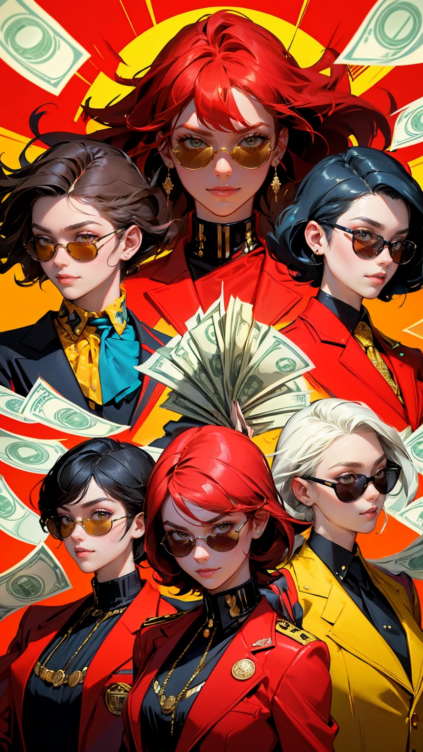 A background filled with scattered dollar bills, creating a sense of wealth and chaos. In the foreground, multiple beautiful, cute girls are dressed in bright red suits, each with stylish sunglasses. The girls have different hairstyles and confident expressions, exuding a cool and sly demeanor. They are all smiling slightly with their hands near their faces in a thoughtful pose, mimicking a gesture of confidence and success. The suits are adorned with badges and coins, emphasizing the theme of money and power. The entire scene has a pop-art style with bold outlines, saturated colors, and a sense of dynamic energy. The background is filled with yellow hues from the dollar bills to contrast the red of the suits, creating a striking visual.