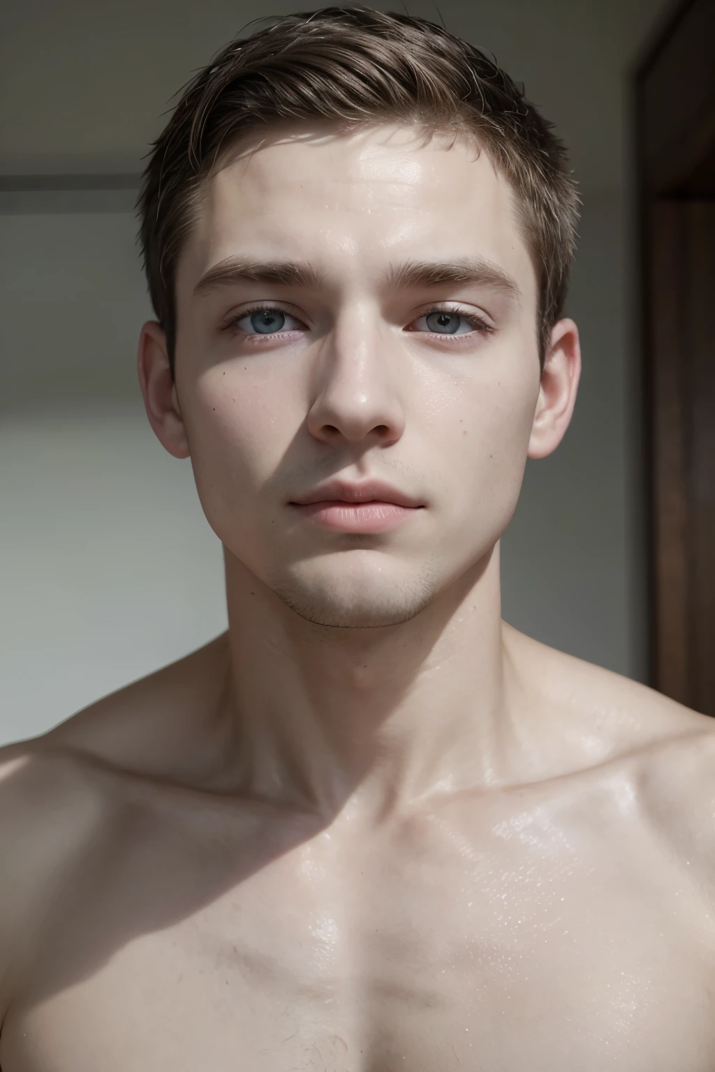 A white man with a rectangular face, without clothes, shaved face, straight hair, caucasian, portrait, front, realistic