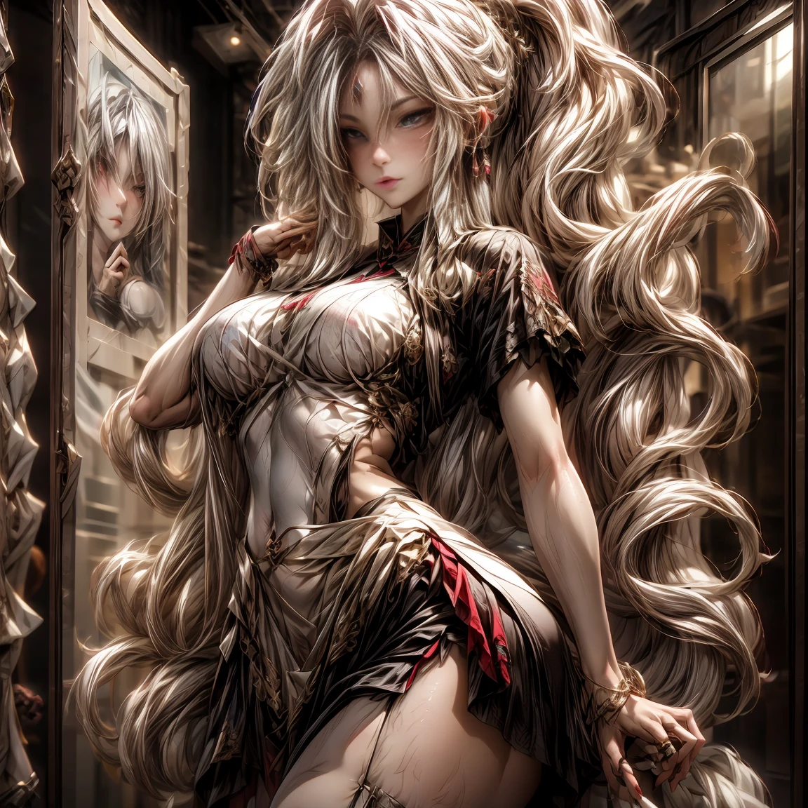 (best quality)), ((Masterpiece)), (details:1.4), 3d, HDR (high dynamic range), an image of a beautiful cyberpunk female, fantasy, medieval, Cyberpunk, pink hair, Sleek style, High ponytail, Beautiful White eyes, จมูกโด่ง, ปากแดง, หน้าอกใหญ่, nvidia RTX, PBR surface, After processing, Anisotropic filtration,depth of field, Maximum clarity and clarity, multi-layered surface, Subsurface scattering, perfect proportions, 8K raw files, ultra detailed, Perfect proportions, volumetric lighting, soft lighting, Holy Paldin, Heavy Golden Armor, White dress, intricate Silver embroidery, glossy skin, Bed room Background, jewely, ต่างหู, นิ้วมือสมบูณ์, mini Red skirt, 2 arm