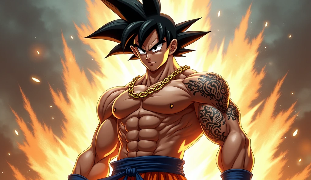 Goku, wearing no shirt, with a tattoo on his left arm and a gold chain around his neck