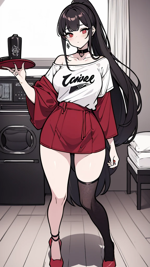 using pantimedies, wavy black hair, piercing look with deep red eyes, average stature, Waist length hair, Silky hair with a ponytail hairstyle collected with a red bow with two white lines, has a vagina, has breasts, cup of breasts, small breasts, slim, foreground, Session, sitting in her room, standing in his room, wearing pantyhose, using pantimedies, Picardias, neckline, looking at the viewer, lascivious smile, ((oversized t-shirt)), off the shoulders, without pants, washing machines, thighs, ((White T-shirt)), standing, hands on the hips,, shoes, blush, from below, thighs gorditos, thighs grandes, big ass