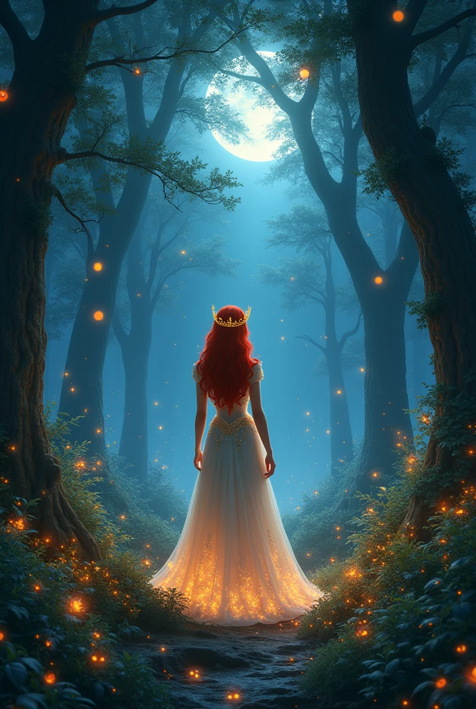 A red-haired princess arriving at a magical forest and it's nighttime, she has a crown and the forest is full of magical creatures shining.