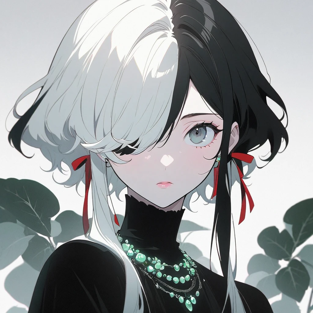 A young woman，(A red ribbon covers one eye)，illustration，With black aesthetics、Anime aesthetic style，I can't believe how beautiful it was，Black Pearl and Mint，Monochrome minimalist portrait，Pop artistic sense，whole body，Dynamic，