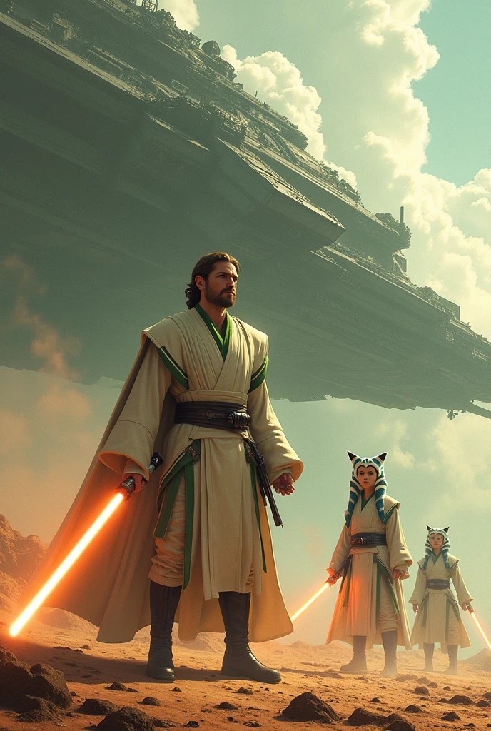 image haute qualité HD 8K, vue de très haut, presque a vol d'avion, Un vaisseau impérial de Star Wars, Cudesexyrobutts, 1 Ahsoka, un chevalier jedi, anakin, porte langue robe blanche épaisse, ceinture cuire blanc avec boucle argent, liseré vert et couture vert, porte des bottes de blanche de style Doc Martens, lacet noir,  Tenant un sabre laser. art éclaboussant d'une teinte orangé, jaune, germe d&#39;art extrêmement détaillé, Portrait of cinq Ahsoka, Femme Jedi, Personnage de Star Wars, style Artgerm, comme on le voit sur l&#39;Article,