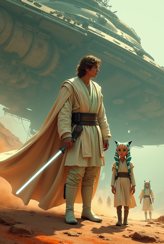 image haute qualité HD 8K, vue de très haut, presque a vol d'avion, Un vaisseau impérial de Star Wars, Cudesexyrobutts, 1 Ahsoka, un chevalier jedi, anakin, porte langue robe blanche épaisse, ceinture cuire blanc avec boucle argent, liseré vert et couture vert, porte des bottes de blanche de style Doc Martens, lacet noir,  Tenant un sabre laser. art éclaboussant d'une teinte orangé, jaune, germe d&#39;art extrêmement détaillé, Portrait of cinq Ahsoka, Femme Jedi, Personnage de Star Wars, style Artgerm, comme on le voit sur l&#39;Article,
