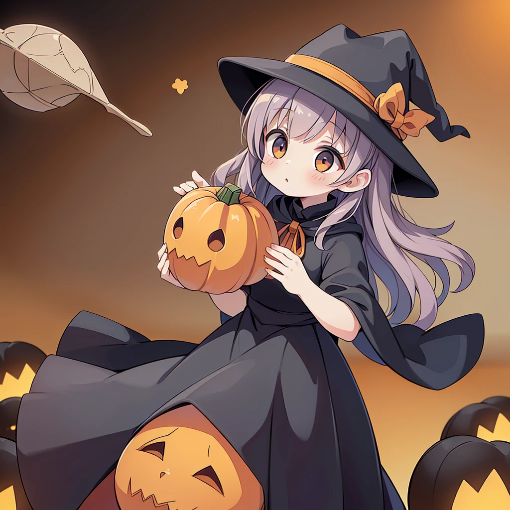 1girl,(((Highest quality、Masterpiece、Super detailed、X Composition、S composition、Square Composition、Triangular composition、Award-winning works)))、Orange and black palette、Trick or Treat、Pumpkin carriage、Big Wizard Hat、Black Cape、Black dress、