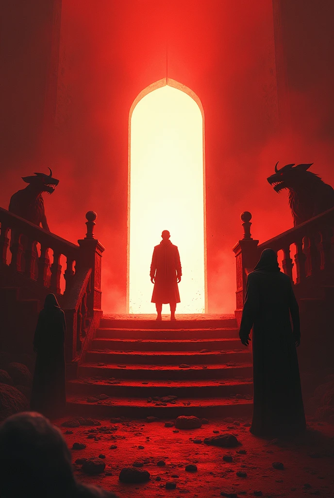 depict dramatic scenes with strong color contrasts, especially in shades of red and orange, depicting environments that appear hellish or otherworldly. In the middle, there was a white door emitting bright light, with the silhouette of a person standing in the doorway. The figure appears to be wearing a robe or jacket. On the side of the stairs leading to the door, there is a statue or figure that resembles a gargoil or demonic creature. On both sides of the image, there are silhouettes that appear to be cloaked figures watching from a distance. The setting includes architectural elements such as stairs and railings that have an ancient or gothic design. This image is interesting because its depiction evokes interpretations as a scene from a fantasy or mythological narrative, invoking themes of battles between good and evil, other universes, and epic stories.