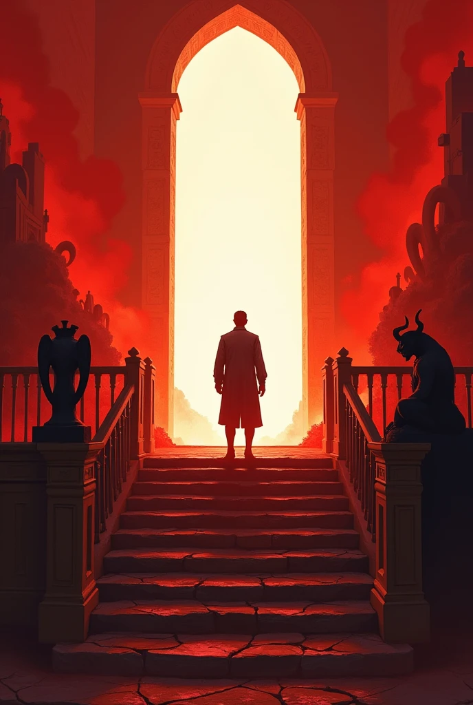 depict dramatic scenes with strong color contrasts, especially in shades of red and orange, depicting environments that appear hellish or otherworldly. In the middle, there was a white door emitting bright light, with the silhouette of a person standing in the doorway. The figure appears to be wearing a robe or jacket. On the side of the stairs leading to the door, there is a statue or figure that resembles a gargoil or demonic creature. On both sides of the image, there are silhouettes that appear to be cloaked figures watching from a distance. The setting includes architectural elements such as stairs and railings that have an ancient or gothic design. This image is interesting because its depiction evokes interpretations as a scene from a fantasy or mythological narrative, invoking themes of battles between good and evil, other universes, and epic stories.