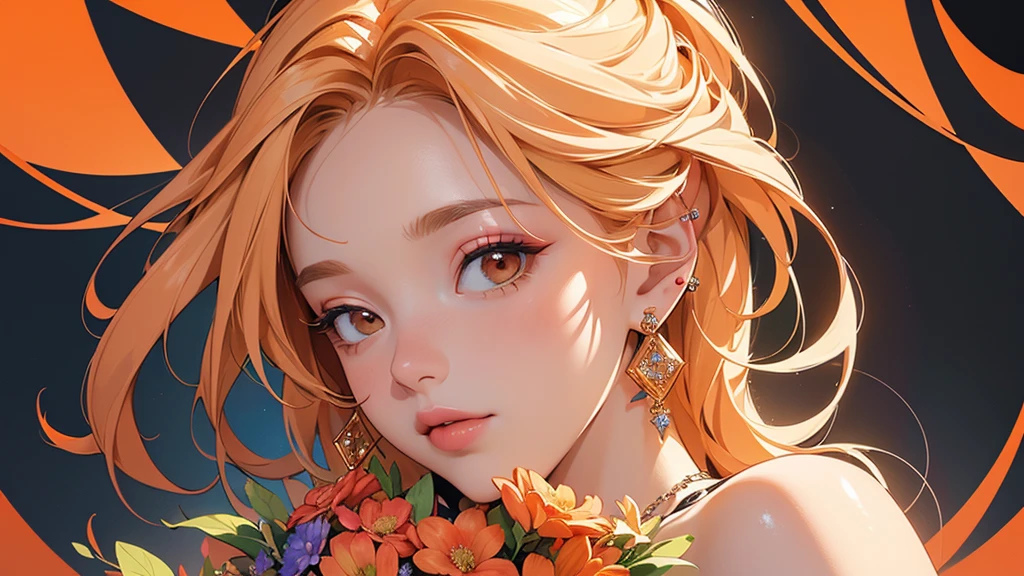 32K, 最高quality, 最高masterpiece, (ultra-Detailed Background, Detailed Background), High resolution, Super detailed, Very detailedな, 1 personの, (bouquet:1.3), (Tangled:1.2), (Geometric:1.2),(colorful),(masterpiece, quality, best quality, Official Art, Beautiful and beautiful:1.2), (1 person:1.3), Very detailed,(colorful:1.1)(Flowers:1.3),Most detailed,(Tangled:1.2), whole body, (Abstract background:1.3), (Skin glows), (Many colors:1.4), ,(Earrings Jewelry:1.5), Pale Orange Background, It's imaginative., Flaxen Hair,