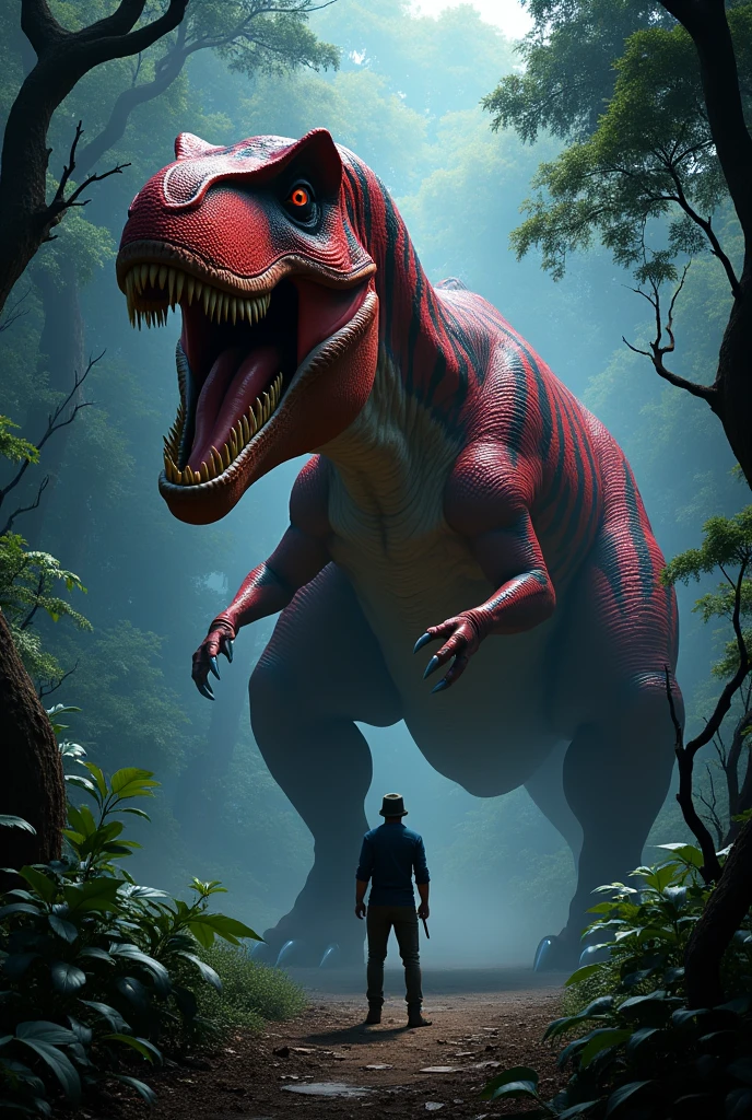 Red Tyrannosaurus Rex with black stripes in the African forest at night in front of a hunter