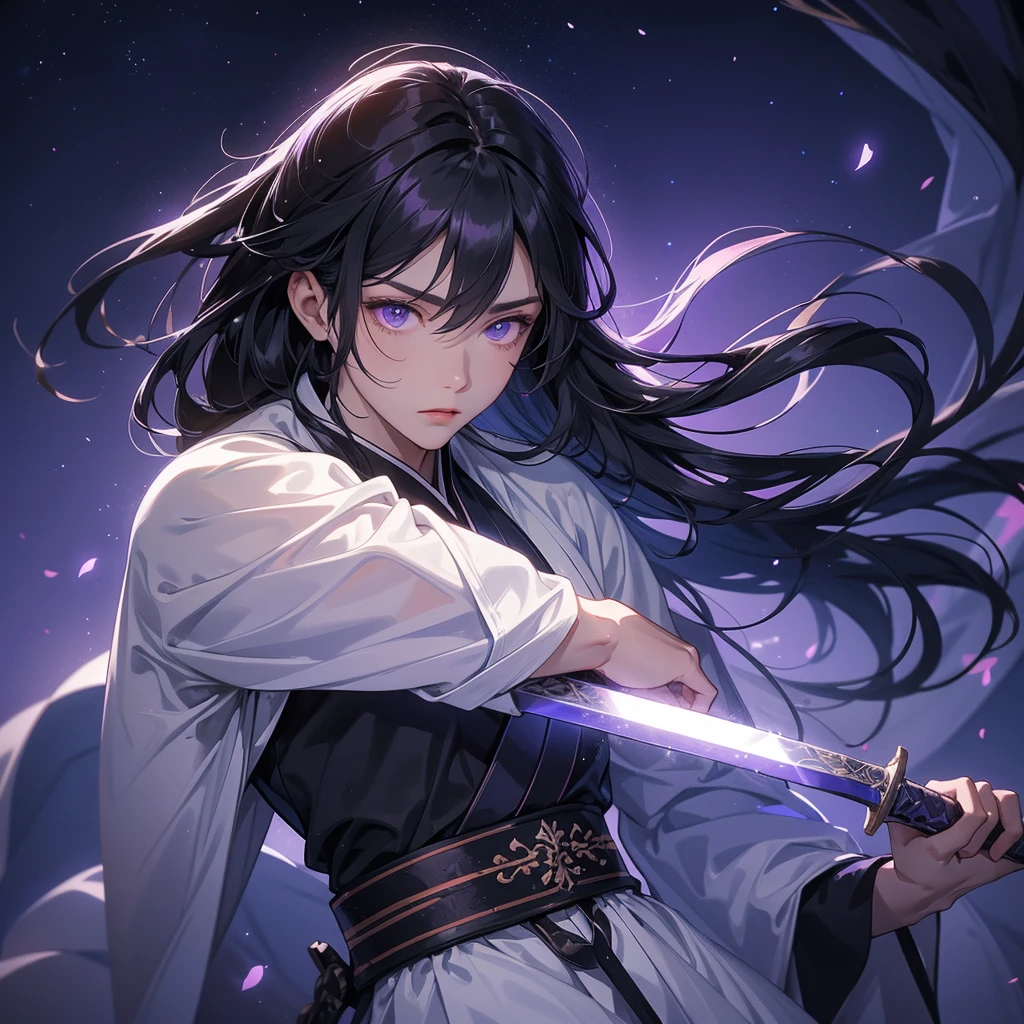 A Handsome black-hair male holding a large sword in white hanfu dress, Background is a dark moonless night, with dry trees in the background, and purple glowing light, close up.