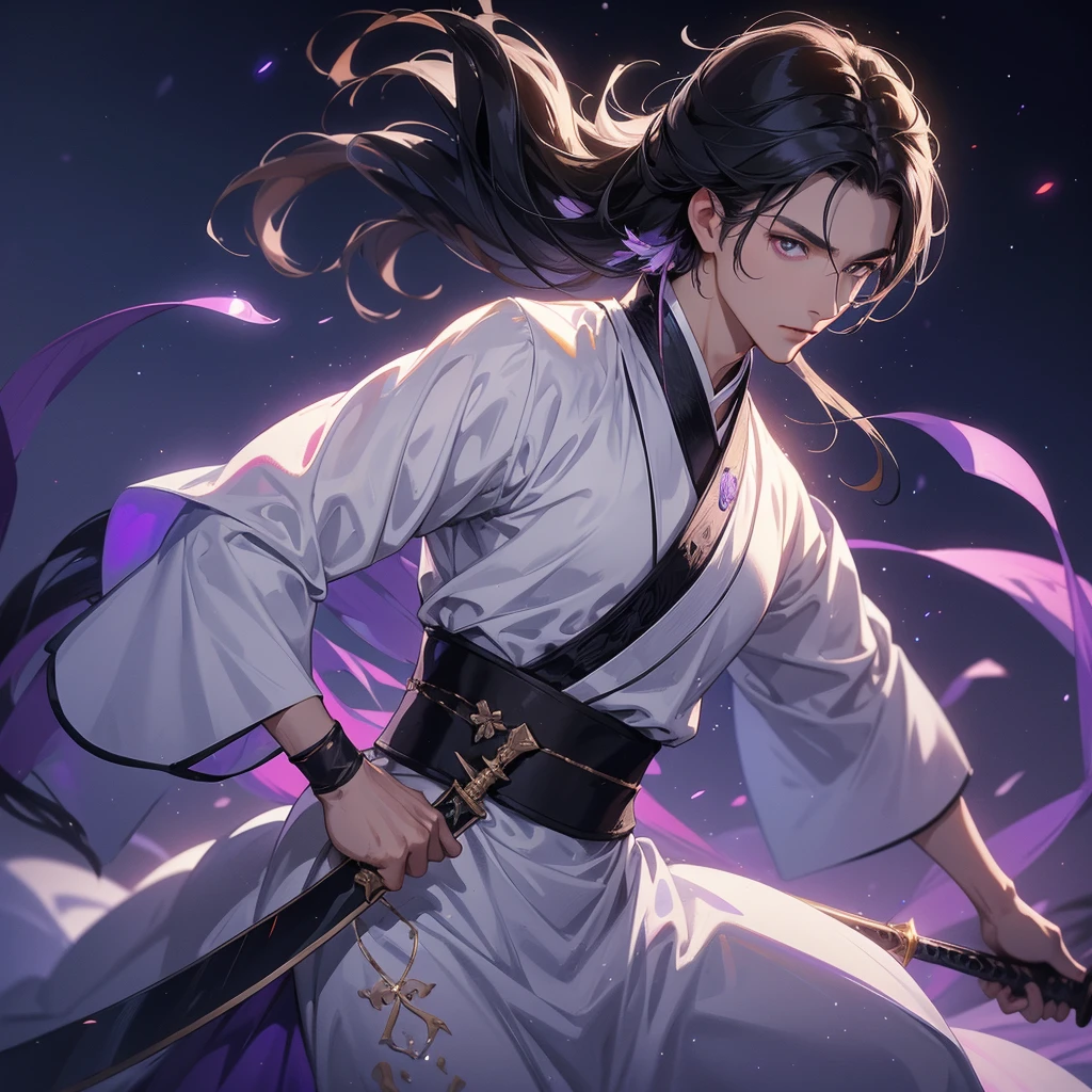 A Handsome black-hair male holding a large sword in white hanfu dress, Background is a dark moonless night, with dry trees in the background, and purple glowing light, close up.