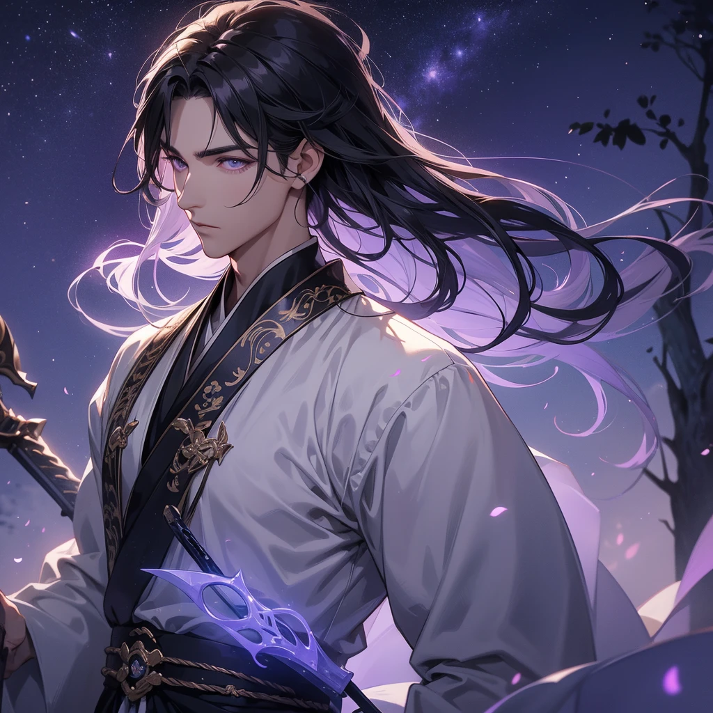 A Handsome black-hair male holding a large sword in white hanfu dress, Background is a dark moonless night, with dry trees in the background, and purple glowing light, close up.