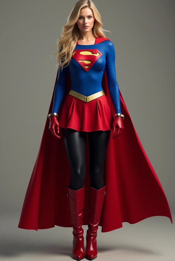 supergirl, full blue body suit, long blonde hair, red elbow gloves, red gauntlets, black tights, red boots, red skirt, gold belt, really long red cape, standing, looking straight, full image from head and legs, realistic, bdsm, bondage, bound, arms tied using hand cuffs
