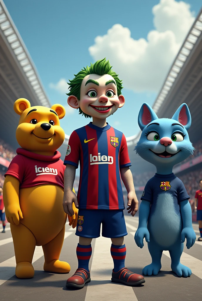 Make the joker in the Atletico de Madrid stadium with the Atletico de Madrid shirt and have him with Winnie the Pooh with the Barcelona shirt and there is a blue cat that looks like Gumball from the Gumball World series with the Real Madrid shirt from Spain and have everyone on the street.