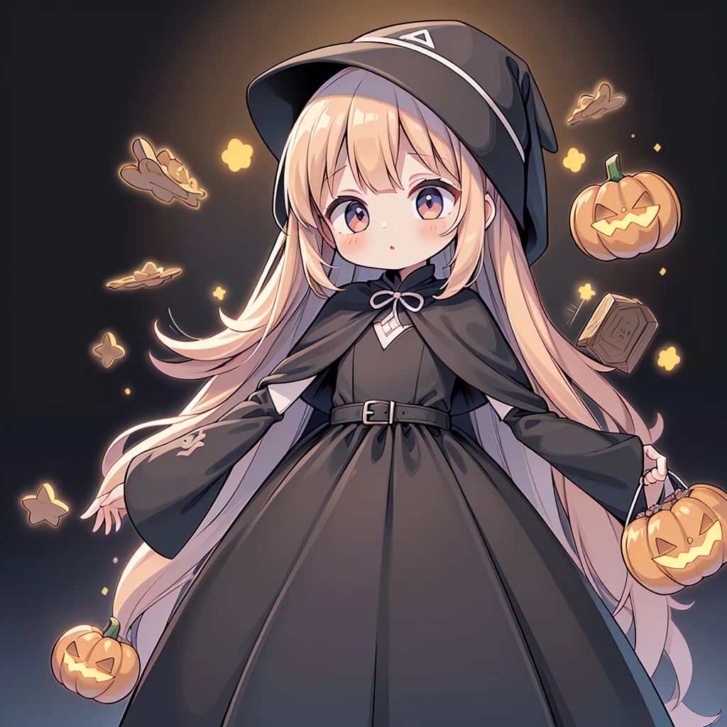 1girl,(((Perfect Anatomy、Perfect human body、Highest quality、Masterpiece、Super detailed、X Composition、S composition、Square Composition、Triangular composition、Award-winning works)))、cute、Palette of pastel colors、Trick or Treat、Pumpkin carriage、Big Wizard Hat、Black Cape、Black dress、Absurd、The fantastic world of Halloween、neon lines、