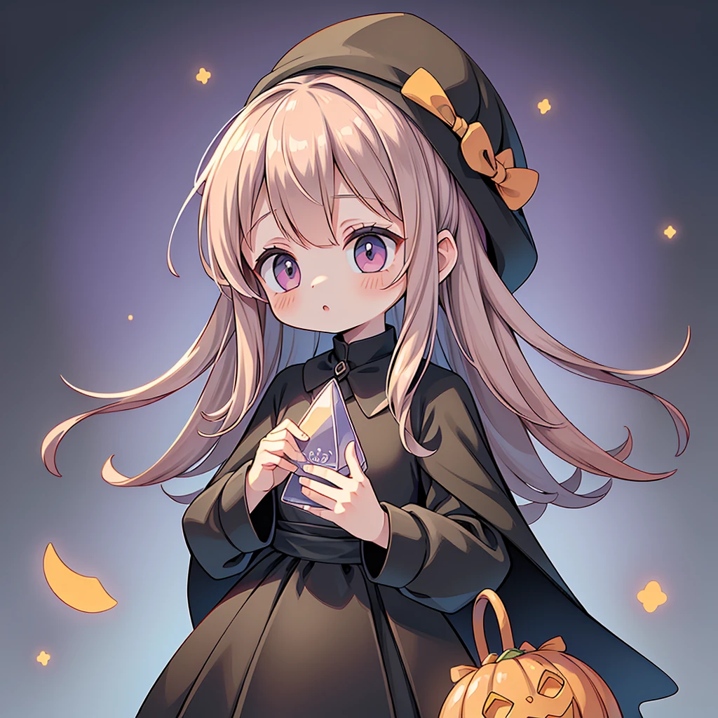 1girl,(((Perfect Anatomy、Perfect human body、Highest quality、Masterpiece、Super detailed、X Composition、S composition、Square Composition、Triangular composition、Award-winning works)))、cute、Palette of pastel colors、Trick or Treat、Pumpkin carriage、Big Wizard Hat、Black Cape、Black dress、Absurd、The fantastic world of Halloween、neon lines、