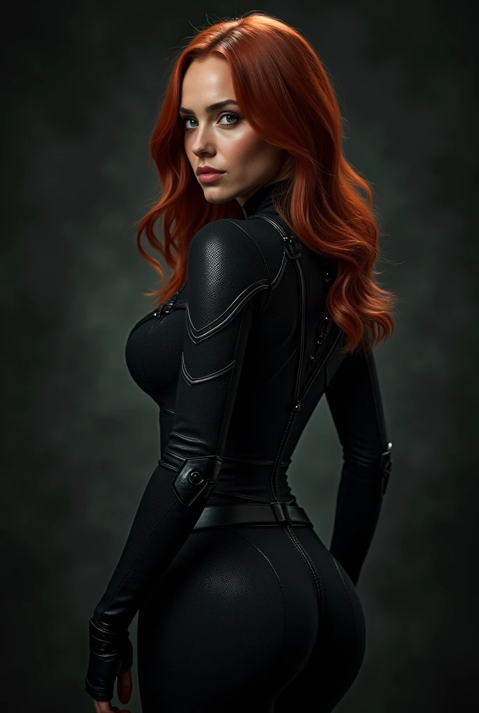 Scarlett Johansson in the Black Widow costume showing her sexy body from behind